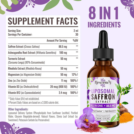 Saffron Supplements - 88.5 Mg Saffron Extract Better Bioavailability Liposomal Drops For Mood, Energy, Vision & Focus With Ashwagandha, Turmeric, Magnesium, Zinc, Vitamin B12 & D3, 60 Ml, 30 Servings