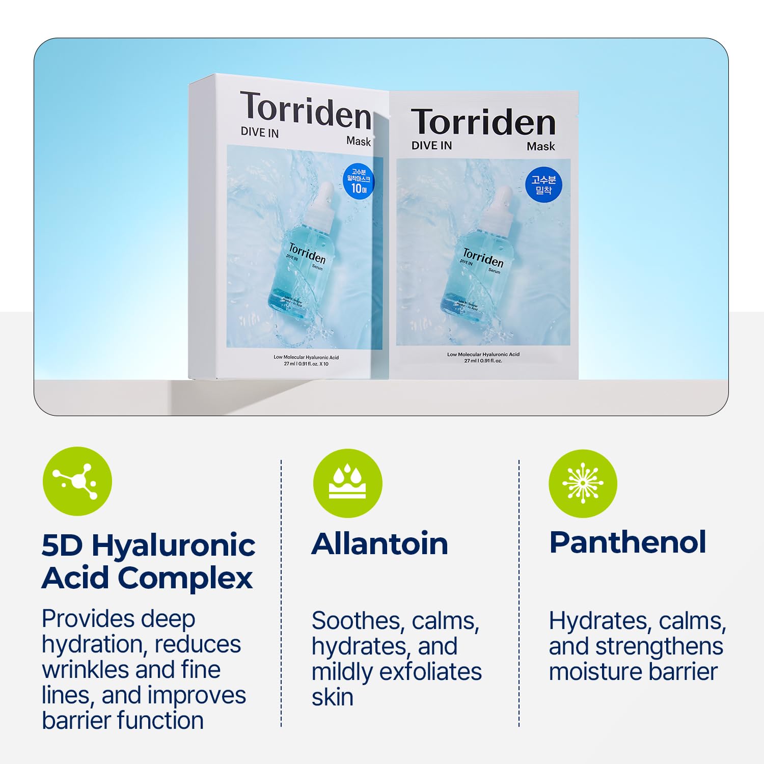 Torriden DIVE-IN Hyaluronic Acid Facial Sheet Masks (10 Count), Moisturizing Sheet Mask for Sensitive, Dry Skin | Fragrance-Free Alcohol-Free No Colorants | Vegan, Cruelty-Free Korean Skin Care : Beauty & Personal Care