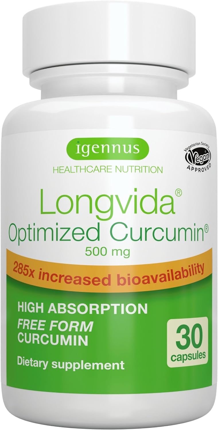 Longvida Lipidated Curcumin 500Mg, Ultra Bioavailable & Sustained Action, 65X Higher Plasma Levels, Intensive Support, Free-Form Curcumin, Vegan, 30 Capsules, By Igennus