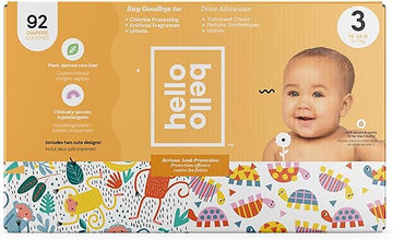Hello Bello Diapers, Size 3 (14-24 lbs) - 92 Count of Premium Disposable Baby Diapers in Monkeys & Turtles Designs - Hypoallergenic with Soft, Cloth-Like Feel