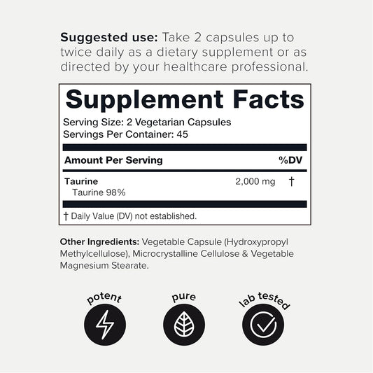 Toniiq 2000Mg Taurine Supplement - High Purity Taurine Powder Capsules, 98%+ Pure, Third-Party Lab Tested - Potent, Non-Gmo, Gluten-Free, Effective Formula 45 Optimal Servings Per Bottle