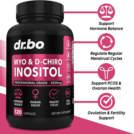 Myo-Inositol & D-Chiro Inositol Supplement Capsules - 40:1 Ratio Hormone Balance for Women with Vitamin B8 - Fertility Supplements for Women to Regulate Menstrual Cycle, Support Ovarian Health & PCOS