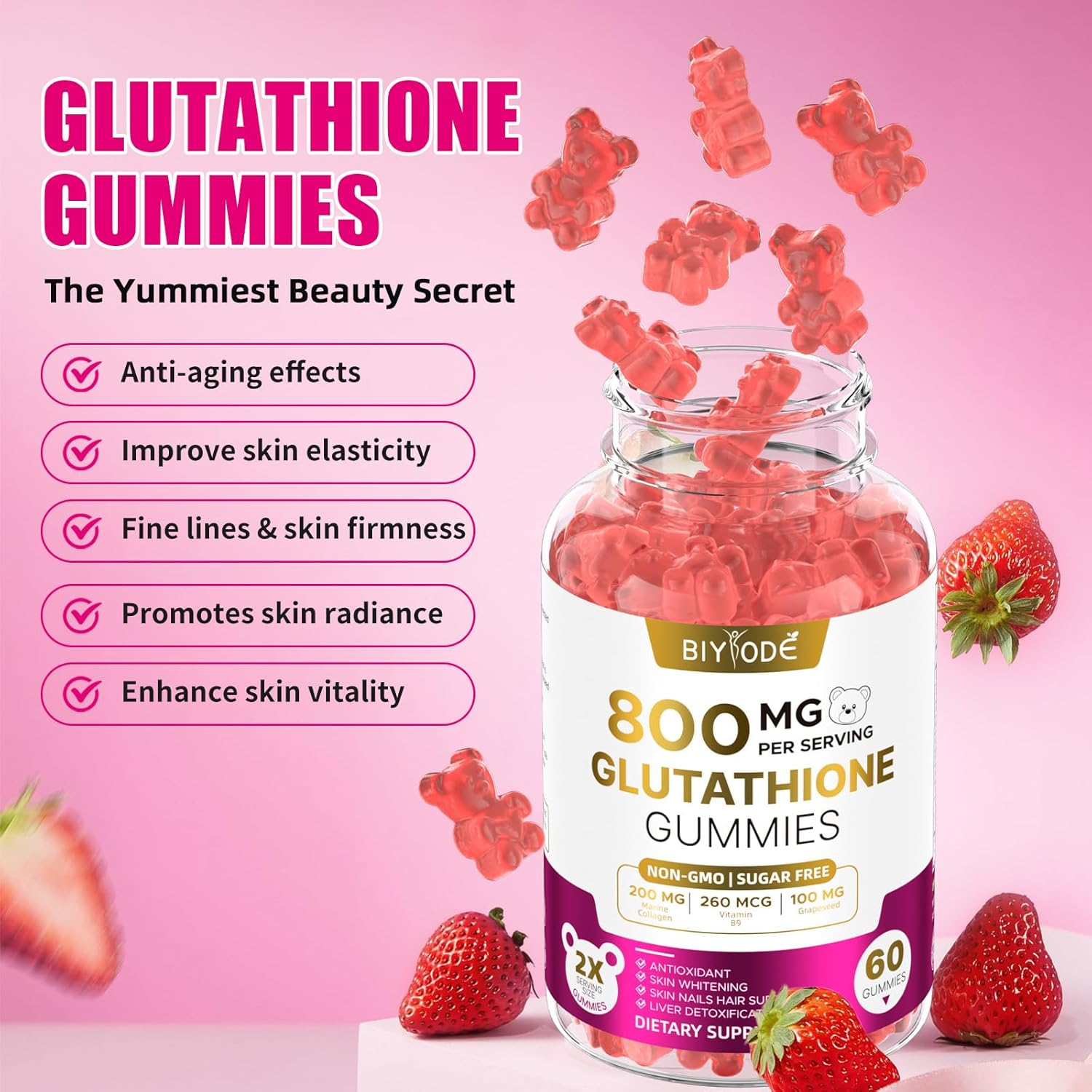 Biyode Glutathione Supplemnet Gummies For Women: Glutathione 800Mg Support Skin Glow Anti Aging Antioxidant Sugar Free Non-Gmo Natural Strawberry Flavor 60 Gummies : Health & Household