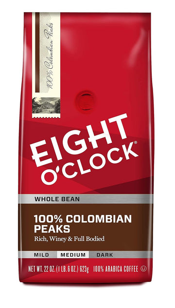 Eight O'Clock Coffee 100% Colombian Peaks, Medium Roast, Whole Bean Coffee, 22 Ounce (Pack Of 1), 100% Arabica, Kosher Certified