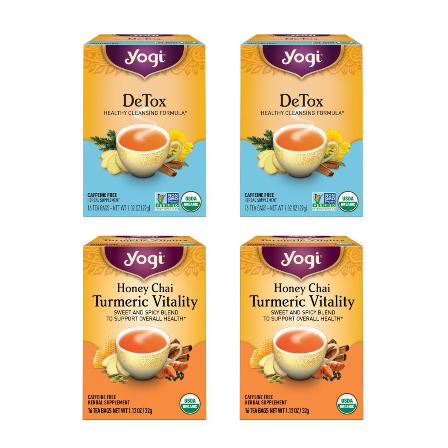 Yogi Tea Detox And Wellness Variety Pack 4Pk - 16 Tea Bags Per Pack (4 Pack) - Organic Herbal Cleansing Teas - Includes (2 Boxes Each) Of Honey Chai Turmeric Vitality & Detox - Caffeine-Free Teas