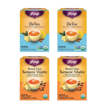 Yogi Tea Detox And Wellness Variety Pack 4Pk - 16 Tea Bags Per Pack (4 Pack) - Organic Herbal Cleansing Teas - Includes (2 Boxes Each) Of Honey Chai Turmeric Vitality & Detox - Caffeine-Free Teas