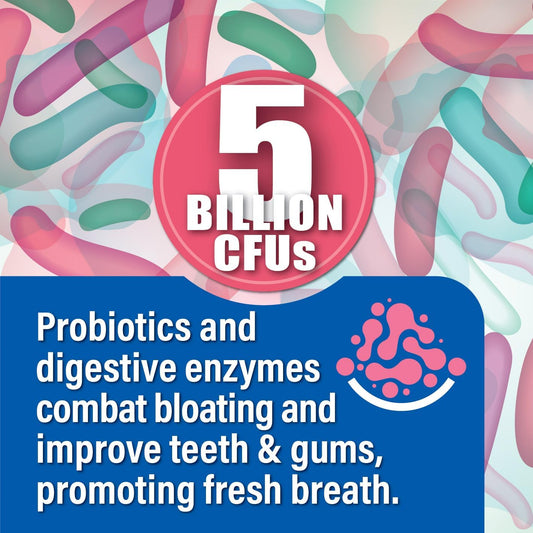 Probiotiv Chewable Probiotics for Daily Bloating w/ 5 Billion CFU ? ?Two-in-One Combo? Digestive Enzymes for Bloating/Gas Discomfort & Dental Probiotics for Teeth & Gums Health - 30 Mint Tablets