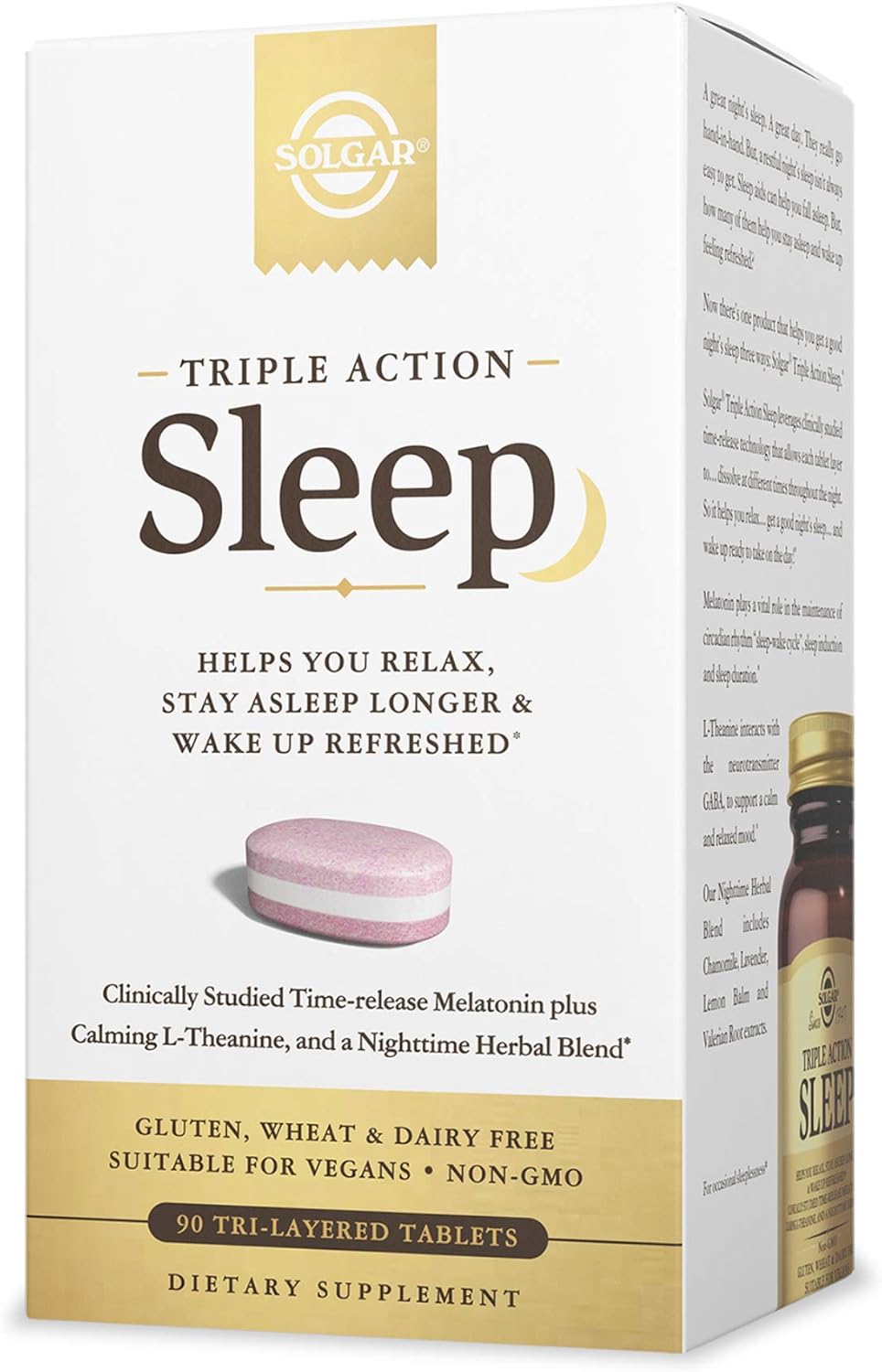 Solgar Triple Action Sleep, 90 Tri-Layer Tablets - Time-Release Melatonin & L-Theanine Plus Herbal Blend - Helps You Relax - Non-Gmo, Gluten Free - 90 Servings