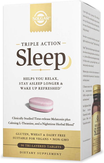 Solgar Triple Action Sleep, 90 Tri-Layer Tablets - Time-Release Melatonin & L-Theanine Plus Herbal Blend - Helps You Relax - Non-Gmo, Gluten Free - 90 Servings