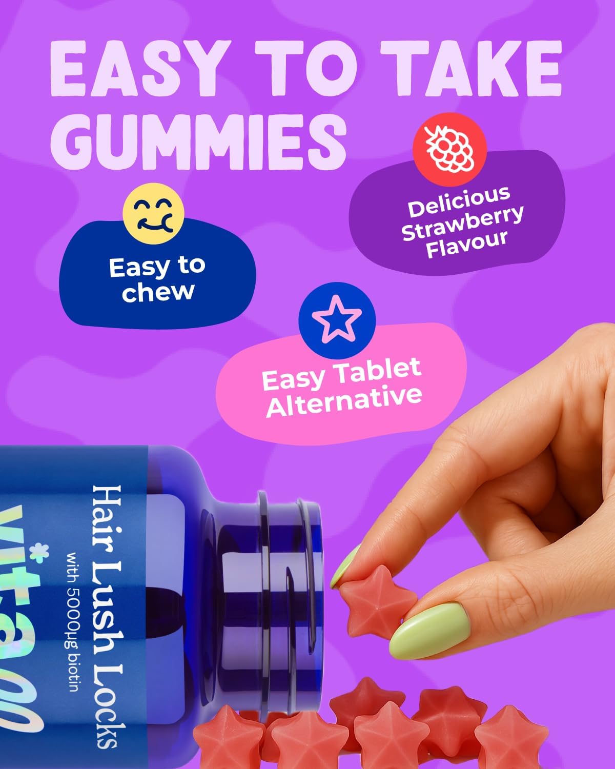 Vitawell Hair Lush Locks Gummies - Hair Growth + Skin + Nails Vitamins Chews | Complex Formula 5000µg Biotin + Zinc + Vitamin A, D3, C, B12 | 60 Berry Burst Flavour | Supplement for Men & Women : Amazon.co.uk: Health & Personal Care