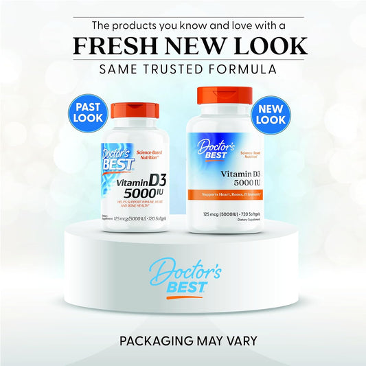 Doctor'S Best Vitamin D3 5000Iu, Non-Gmo, Gluten & Soy Free, Regulates Immune Function, Supports Healthy Bones, White, No Flavour, 180 Count