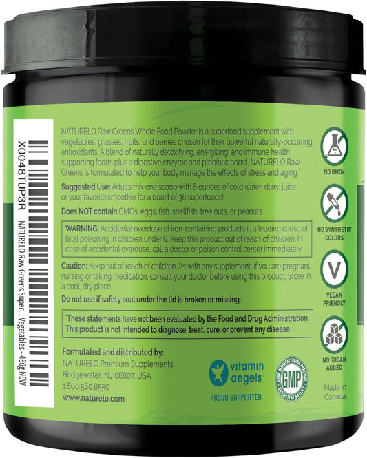 Naturelo Raw Greens Superfood Powder - Mixed Berry Flavor - Boost Energy, Detox, Enhance Health - Organic Spirulina - Wheat Grass - Whole Food Nutrition From Fruits & Vegetables - 480 Grams