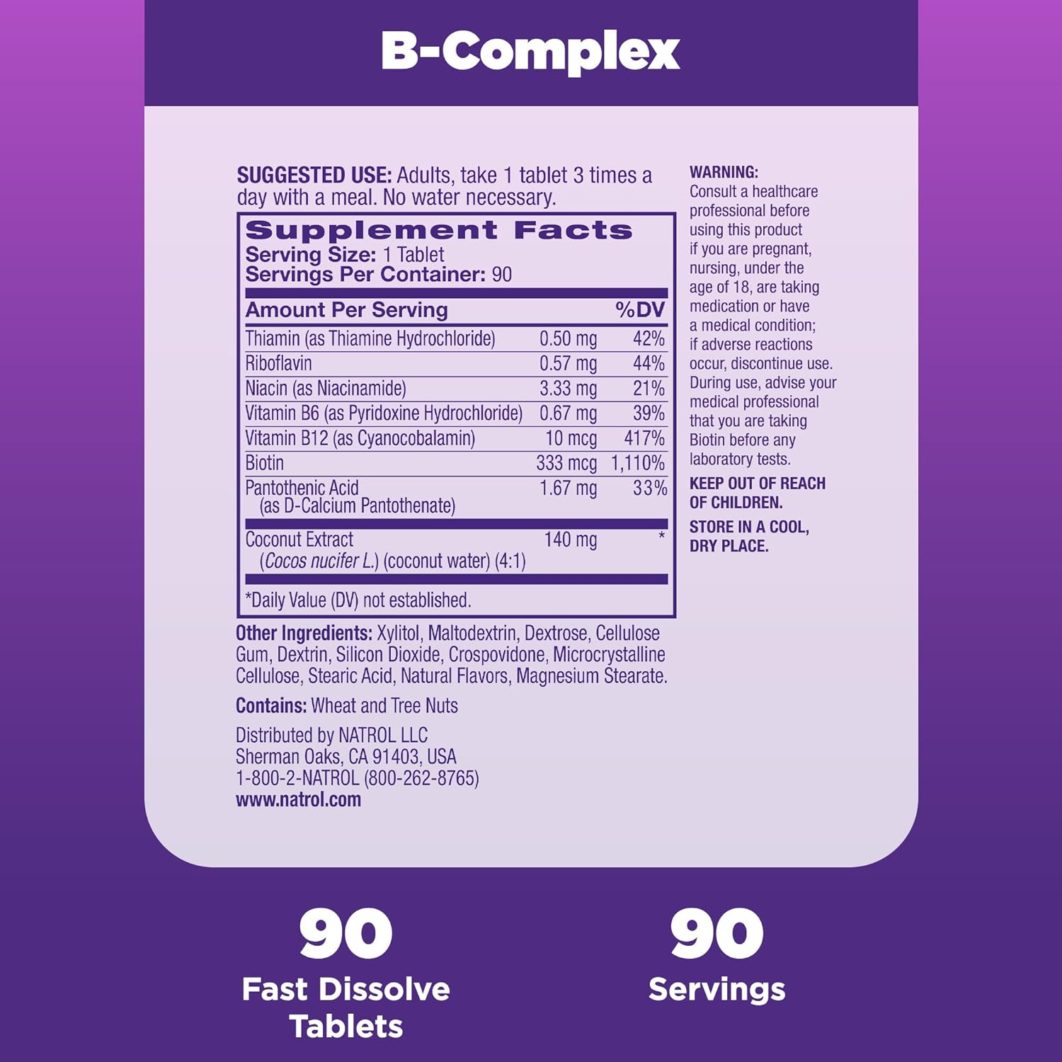 Natrol Fast Dissolve B-Complex, Dietary Supplement for Energy Support, B Complex Vitamins, 90 Tablets, 30 Day Supply : Health & Household