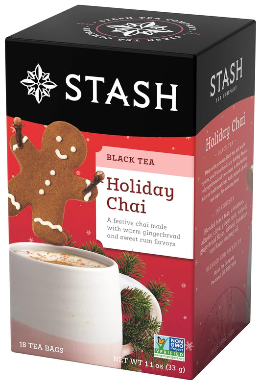 Stash Tea Holiday Chai Tea 18 Count Tea Bags (Pack Of 6), Individual Spiced Black Tea Bags For Use In Teapots Mugs Or Cups, Brew Hot Tea Or Iced Tea