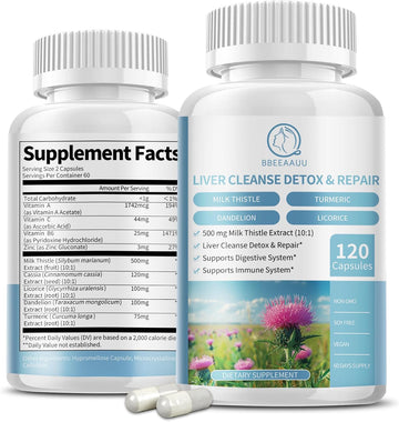 Milk Thistle Supplement Capsules, Liver Health Formula, With Dandelion Root, 10:1 Extract, For Liver Detox Cleanse Support, Digestive & Immune System, 120 Veggie Caps