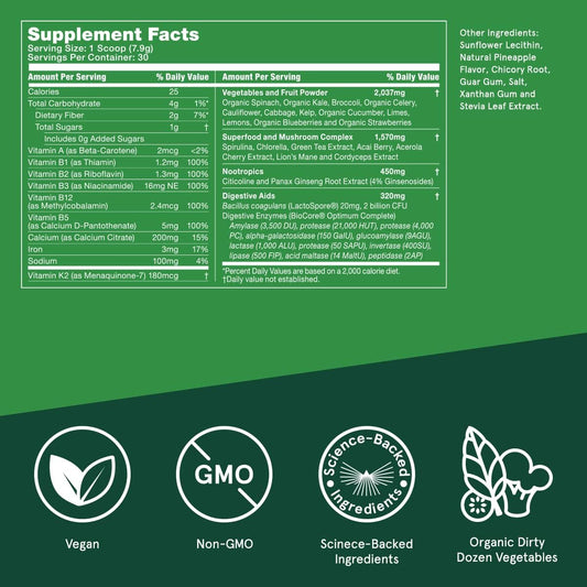 Bulletproof Greens, 8.4 Ounces, Daily Greens Powder With Superfoods And Nootropics, Full Serving Of Vegetables, Essential Nutrients