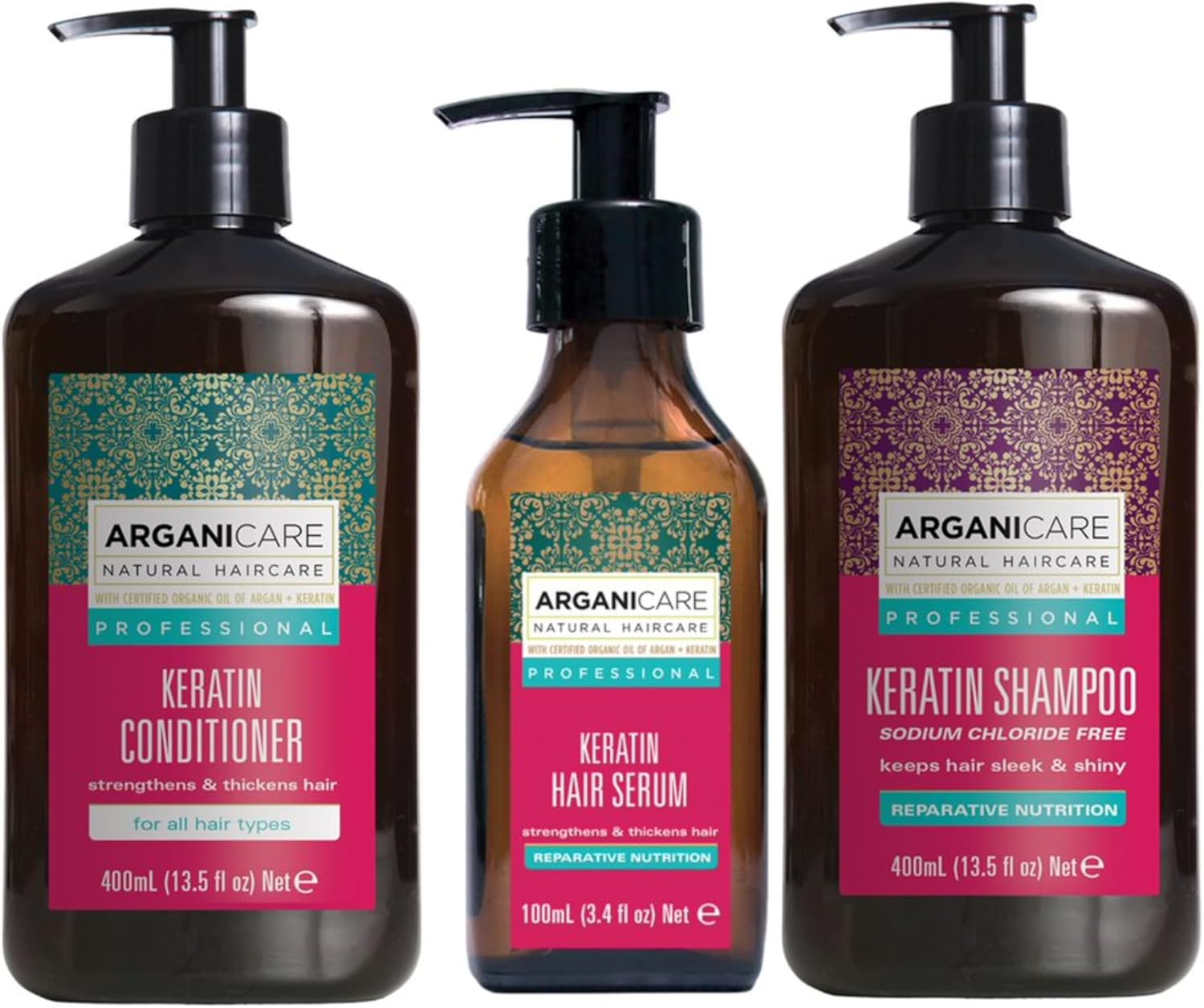Arganicare | Shampoo 400 Ml + Conditioner 400 Ml + Keratin Serum 100 Ml | Intensely Regenerates Hair | Prevents & Treats Split Ends | Soft & Shiny Hair | Made In France