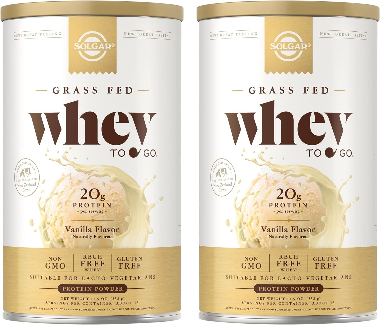 Solgar Whey To Go Whey Protein Powder, Vanilla - 1, Pack Of 2 - Grass-Fed Protein With L-Glutamine & Bcaas - Rbgh Free, Gluten Free & Non-Gmo - 26 Total Servings