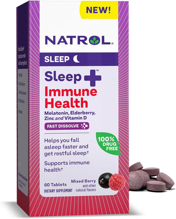 Natrol Sleep + Immune Health Melatonin 6mg with Elderberry, Zinc and Vitamin D, Dietary Supplement for Restful Sleep and Immune Support, 60 Mixed Berry-avored Fast Dissolve Tablets, 60 Day Supply