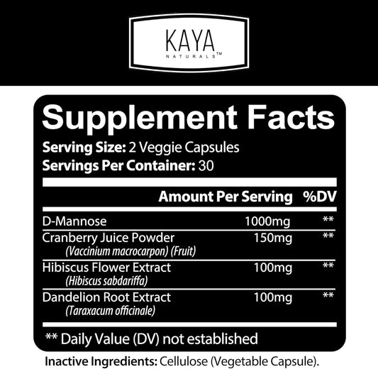 Kaya Naturals - D-Mannose - Urinary Tract Ut Cleanse & Bladder Health - Made With Cranberry, Hibiscus & Dandelion Root - D Mannose Capsules Cranberry Supplement - 60 Veggie Capsules