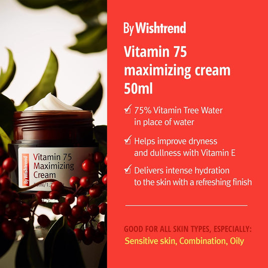 By Wishtrend Vitamin 75 Maximizing Cream, Facial Moisturizers, Vitamin C&E, 50Ml | All Skin Type, Light-Texture, Refreshing-Finish