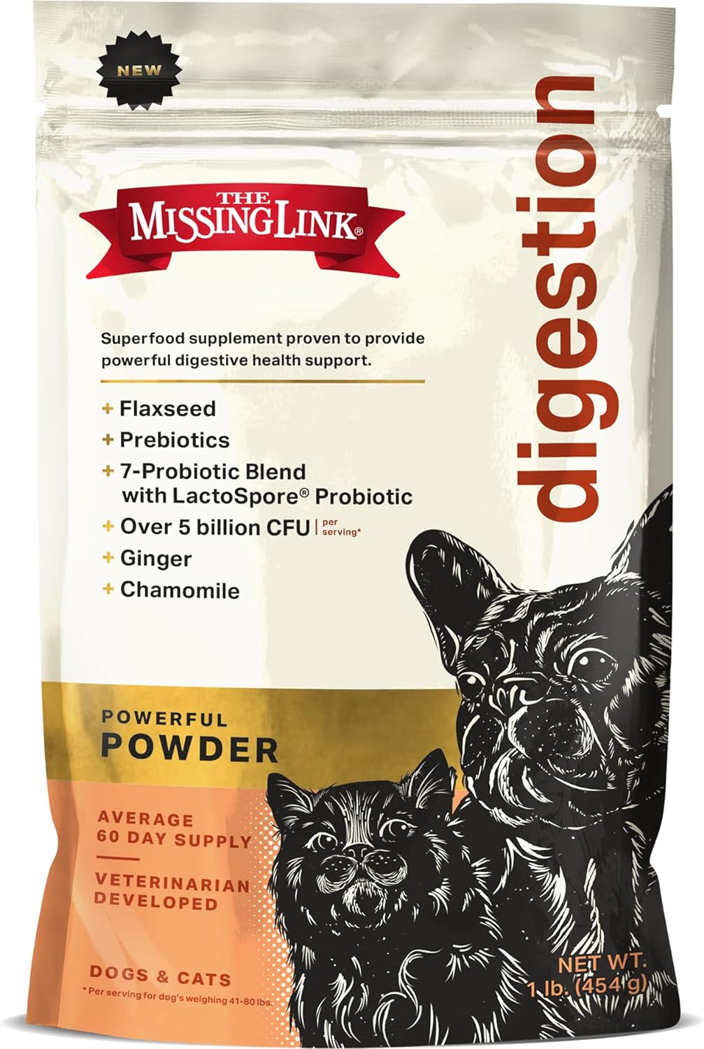 The Missing Link Digestion Superfood Supplement Powder For Dogs & Cats - Fiber, 7-Probiotic Blend + Chicory Root Prebiotic, Ginger, Chamomile - Supports Daily Digestive & Bowel Health - 1Lb