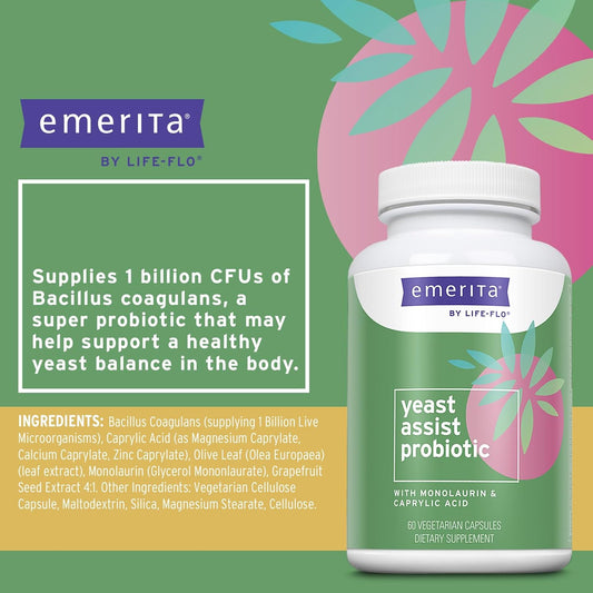 Emerita By Life-Flo Yeast Assist Probiotics For Women - Yeast Cleanse, Vaginal, Immune And Gut Health Support - 1 Billion Cfu Bacillus Coagulans Plus Monolaurin - Shelf Stable, 30 Servings, 60 Vegcaps