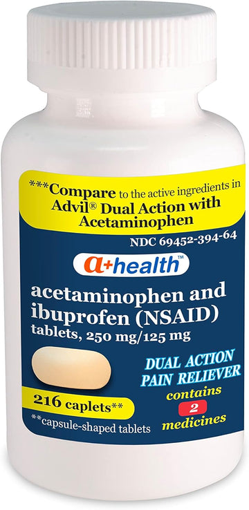 Dual Action Acetaminophen 250 mg and Ibuprofen (NSAID) 125mg Pain Reliever Caplets, 216 Count