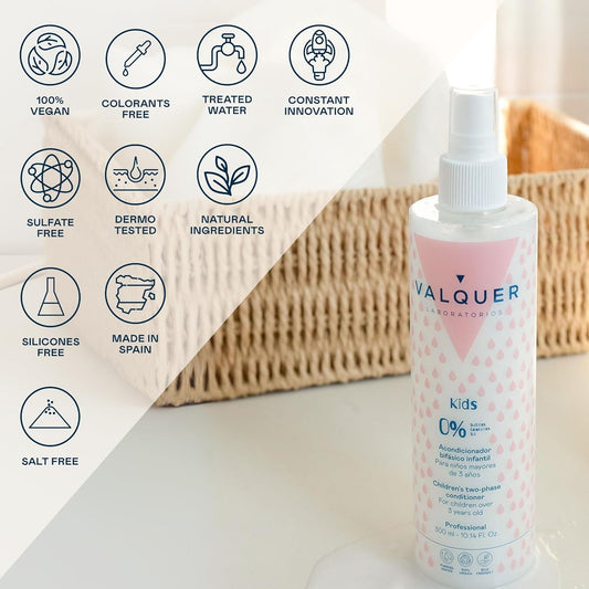 Valquer Formula Zero% Biphasic Leave-In Conditioner Spray For Kids. Conditions Hair, Providing Softness, Natural Shine, And Easy Detangling. Ages 3+. 300 Ml