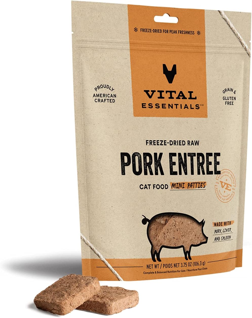 Vital Essentials Freeze Dried Raw Cat Food, Pork Mini Patties Entree, 3.75 Oz