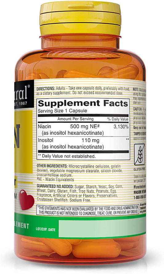 Mason Natural Niacin 500 Mg Flush Free - Supports Healthy Nervous System And Heart, Improved Energy Production, 60 Capsules (Pack Of 3)