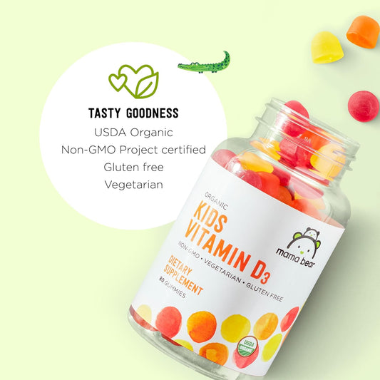 Amazon Brand - Mama Bear Organic Kids Vitamin D3 25 Mcg (1000 Iu) Gummies Per Serving, Bone And Immune Health, Strawberry, 80 Count