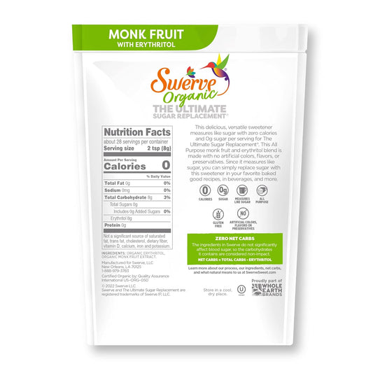 Swerve Organic Monk Fruit All-Purpose Granular Sugar Replacement Sweetener, 8 Ounce Bag