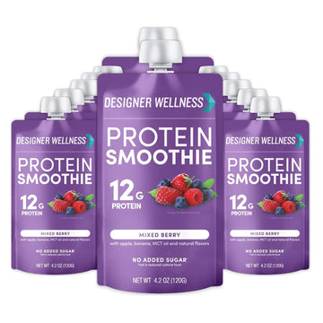 Designer Wellness Protein Smoothie, Real Fruit, 12g Protein, Low Carb, Zero Added Sugar, Gluten-Free, Non-GMO, No Artificial Colors or Flavors, Mixed Berry, 12 Count