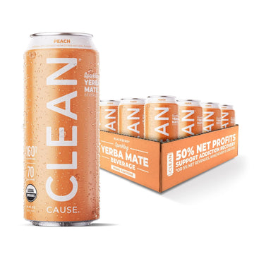 Clean Cause Low Calorie Peach Usda Organic Sparkling Yerba Mate Tea (16Oz Cans, 12-Pack Case) Low Sugar, 160Mg Caffeine, Healthy Alternative To Soda & Energy Drinks