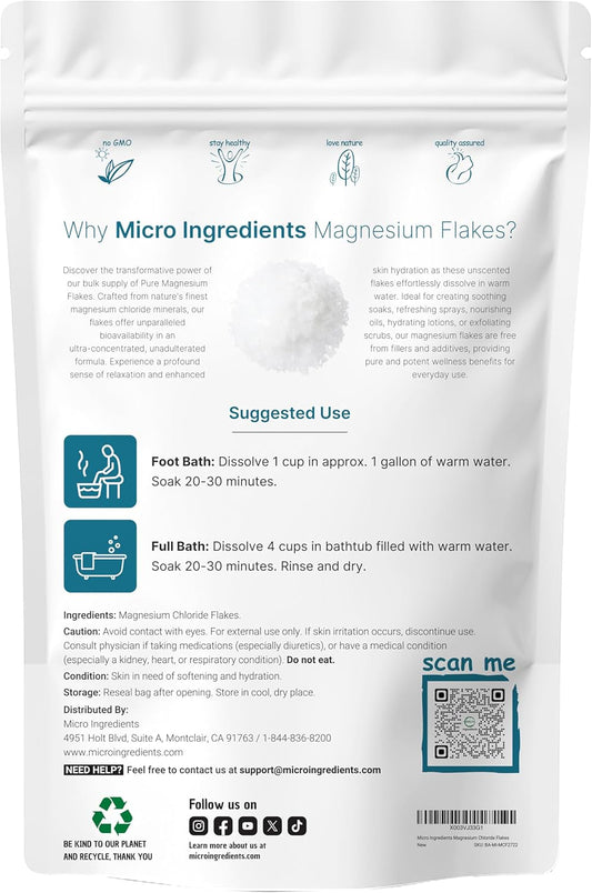 Micro Ingredients Magnesium Flakes, 6Lbs | Great Alternative To Epsom Salt For Foot & Body Bath Soaks | High Absorption | Natural Magnesium Chloride Minerals | Relaxation & Skin Hydration Support