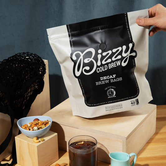 Bizzy Cold Brew Coffee | Decaf Blend | Water Process | Coarse Ground Coffee | Micro Sifted | Specialty Grade | 100% Arabica | Brew Bags | 12 Count | Makes 42 Cups