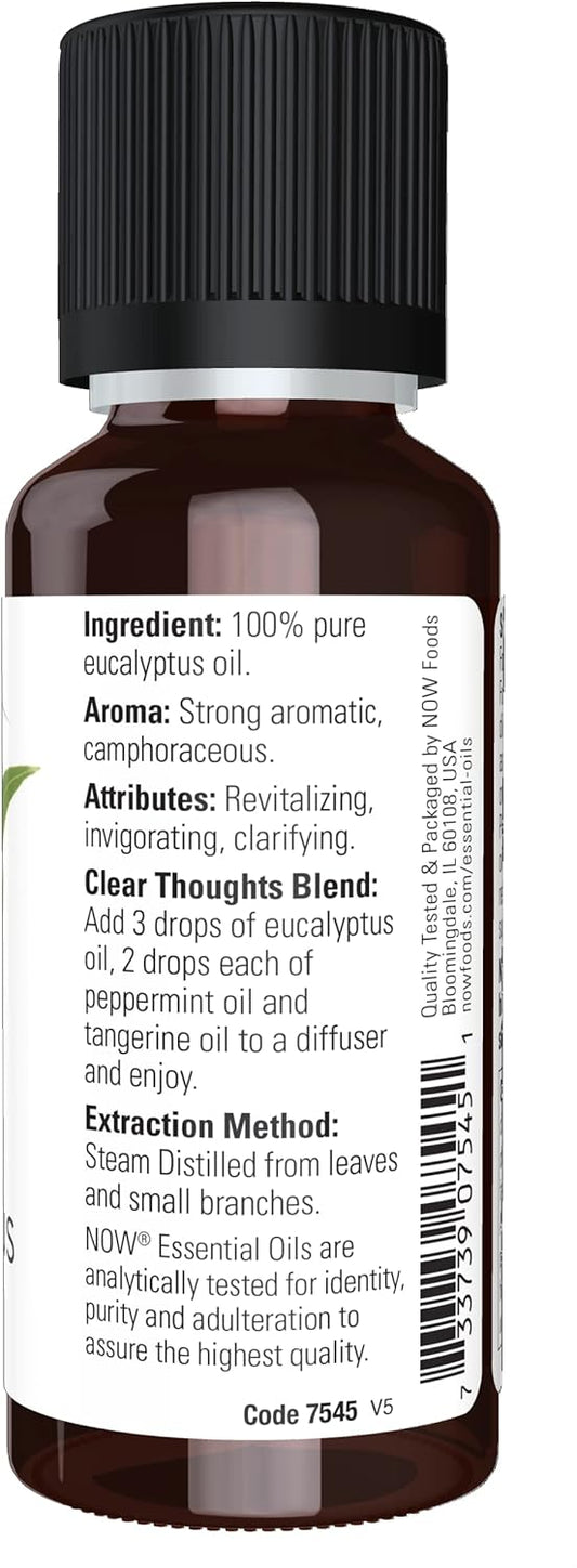 Now Essential Oils, Eucalyptus Oil, Clarifying Aromatherapy Scent, Steam Distilled, 100% Pure, Vegan, Child Resistant Cap, 1-Ounce