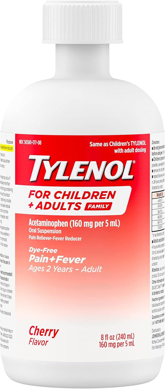 Tylenol For Children & Adults Liquid Pain Relief And Fever Medication, Oral Suspension, Dye-Free Acetaminophen, Fever Reducer, Liquid Medicine For The Family; Cherry Flavor, 8 Fl. Oz.; Pack Of 1