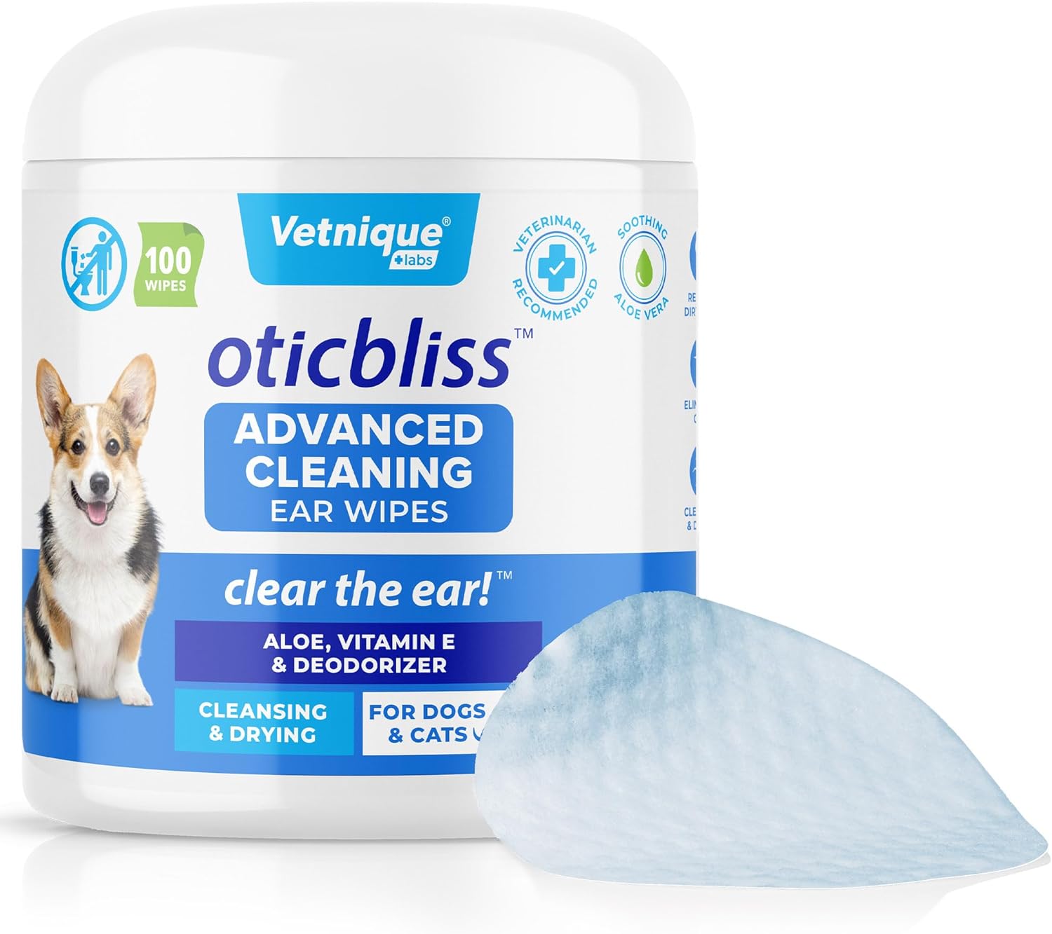 VETNIQUE Oticbliss Advanced Cleaning Ear Wipes for Dogs & Cats for Odor Control, Dirt and Wax Removal with Soothing Aloe Vera, Drying Agent and Vitamin E, Clear the Ear 100ct Wipes