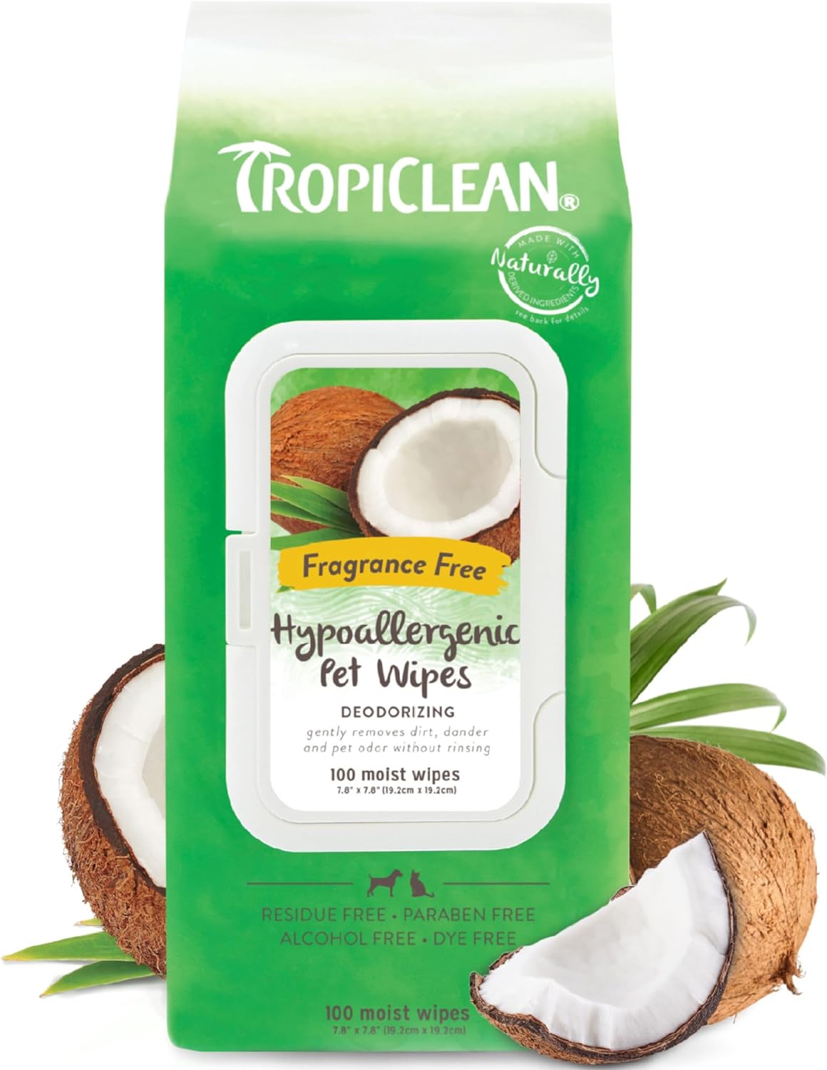 Tropiclean Dog Wipes Grooming - Hypoallergenic Cleaning & Deoderising Wipes For Dogs, Cats, Puppies & Kittens With Allergies & Sensitive Skin - Removes Dirt, Dander & Odor, Fragrance Free, 100CtTrhawp100Ct