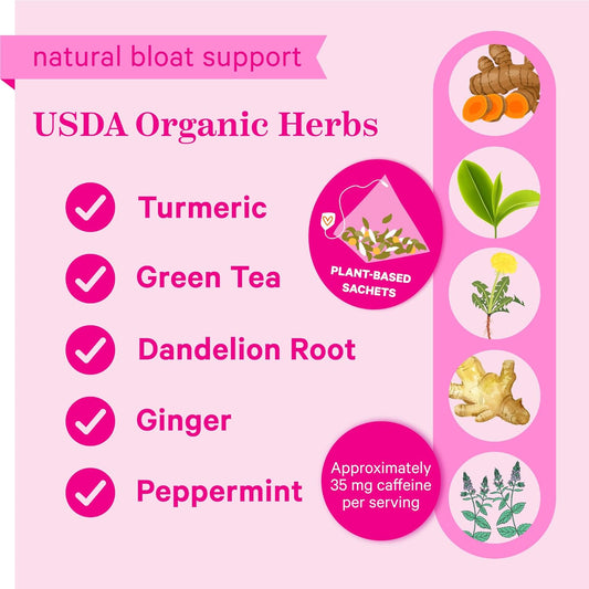 Pink Stork Bloat Tea: Organic Bloating Support for Women - Green Tea, Dandelion Root, and Turmeric - Natural Metabolism Support, Ease Digestion and Gas, Hot or Iced Tea - 15 Sachets, Berry