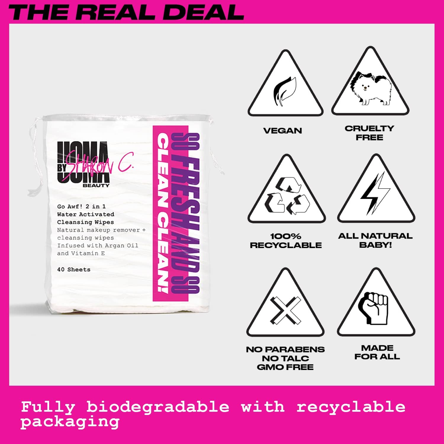 UOMA by Sharon C. Face Wipes - Go Awf 2 in 1 Water Activated Makeup Removal Pads. Biodegradable Cotton Pads with Argan Oil + Vitamin E. 40 Wipes : Amazon.co.uk: Beauty