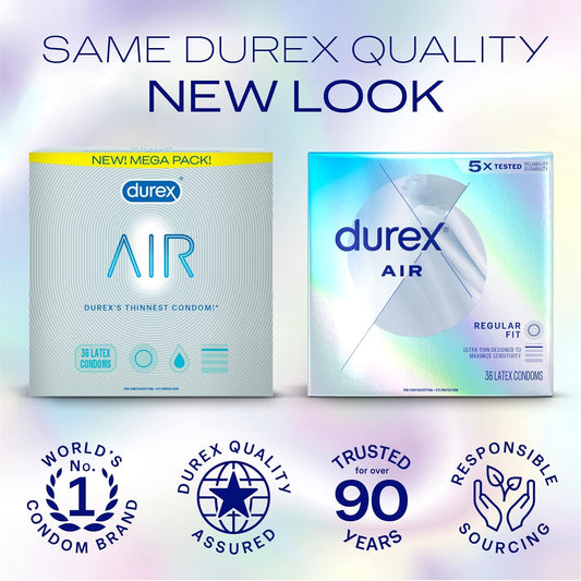 Durex Air Condoms Extra Thin Condoms, Regular Fit, Natural Rubber Latex Condoms For Men, Fsa & Hsa Eligible, 36 Count, Package May Vary