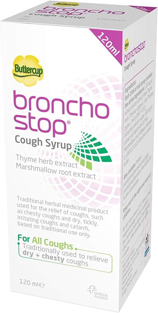 Bronchostop Cough Syrup (120Ml) - Relief For Dry Or Chesty Coughs - With Natural Thyme Herb And Marshmallow Root Extract - Non Drowsy Cough Medicine That Can Be Diluted & Undiluted - Alcohol Free