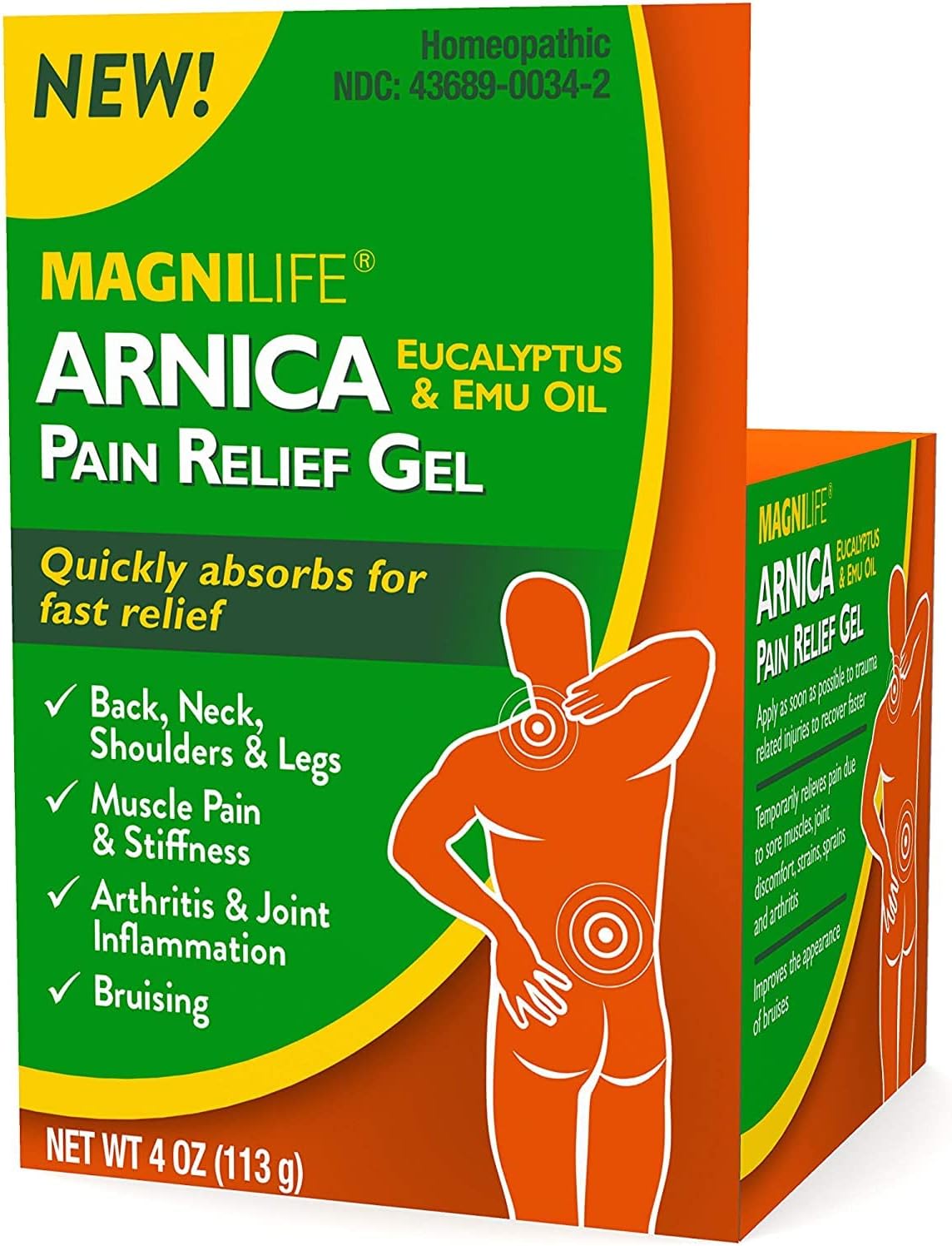 MagniLife Arnica Pain Relief Gel, Fast Acting Neck and Back Pain Relief, with Eucalyptus and Emu Oil to Soothe Soreness, Inflammation and Discomfort - 4oz