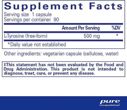 Pure Encapsulations L-Tyrosine - Amino Acid Supplement - For Brain Support, Dopamine & Thyroid Function* - Vegan & Non-Gmo - 90 Capsules