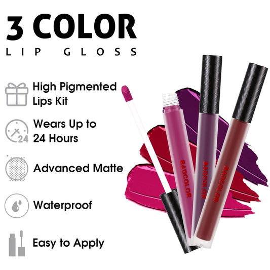 3 Colors Matte Liquid Lipstick Set, Black Blue Purple Halloween Makeup, High Impact Long Lasting Lip Stain Velvet Nonstick Cup Smudge Proof & Waterproof Lip Gloss Set