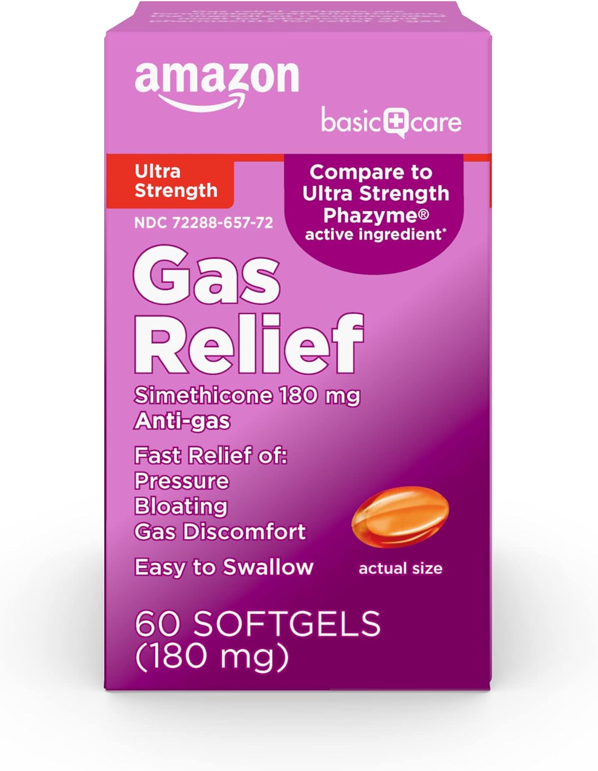 Amazon Basic Care Ultra Strength Gas Relief Softgels, Simethicone 180 Mg, Antigas, 60 Count, Orange