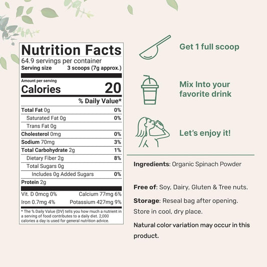 Micro Ingredients Sustainably Us Grown, Organic Spinach Powder, 1 Pound, Freeze Dried From Whole Leaf, Rich In Beneficial Thylakoids And Chlorophyll, Contains Multivitamins, Non-Gmo, Vegan Friendly